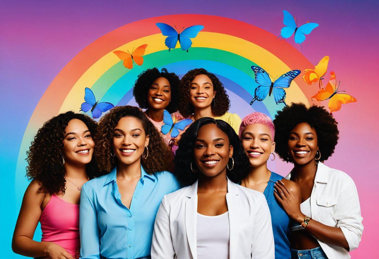 A vibrant and celebratory scene depicting diverse transgender individuals confidently engaging with various forms of adult media. The background showcases a colorful rainbow gradient representing inclusivity and freedom, with symbols of empowerment like butterflies and flowers. Include elements that signify sex-positivity, such as playful yet respectful poses and accessories. The atmosphere should evoke joy and liberation, inviting viewers to embrace diverse narratives. vivid colors. modern illustration.