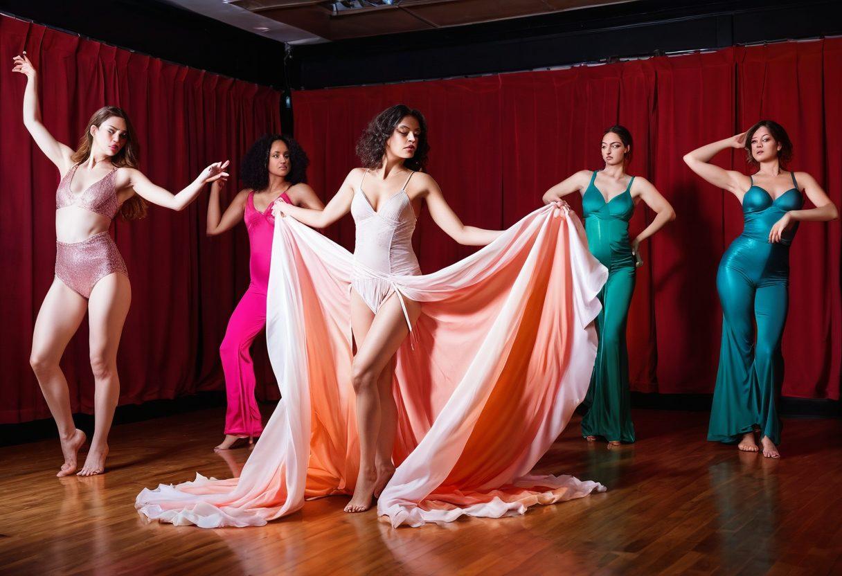 A captivating scene showcasing the essence of intimacy in transgender adult entertainment, featuring a diverse group of confident, expressive individuals engaged in an artistic dance, bathed in soft, warm lights. Incorporate elements symbolizing sensuality, such as flowing fabrics and gentle touches, with a backdrop of abstract, dreamlike shapes that evoke emotions. The atmosphere should feel inviting and inclusive, radiating positivity and self-acceptance. vibrant colors. ethereal art style.