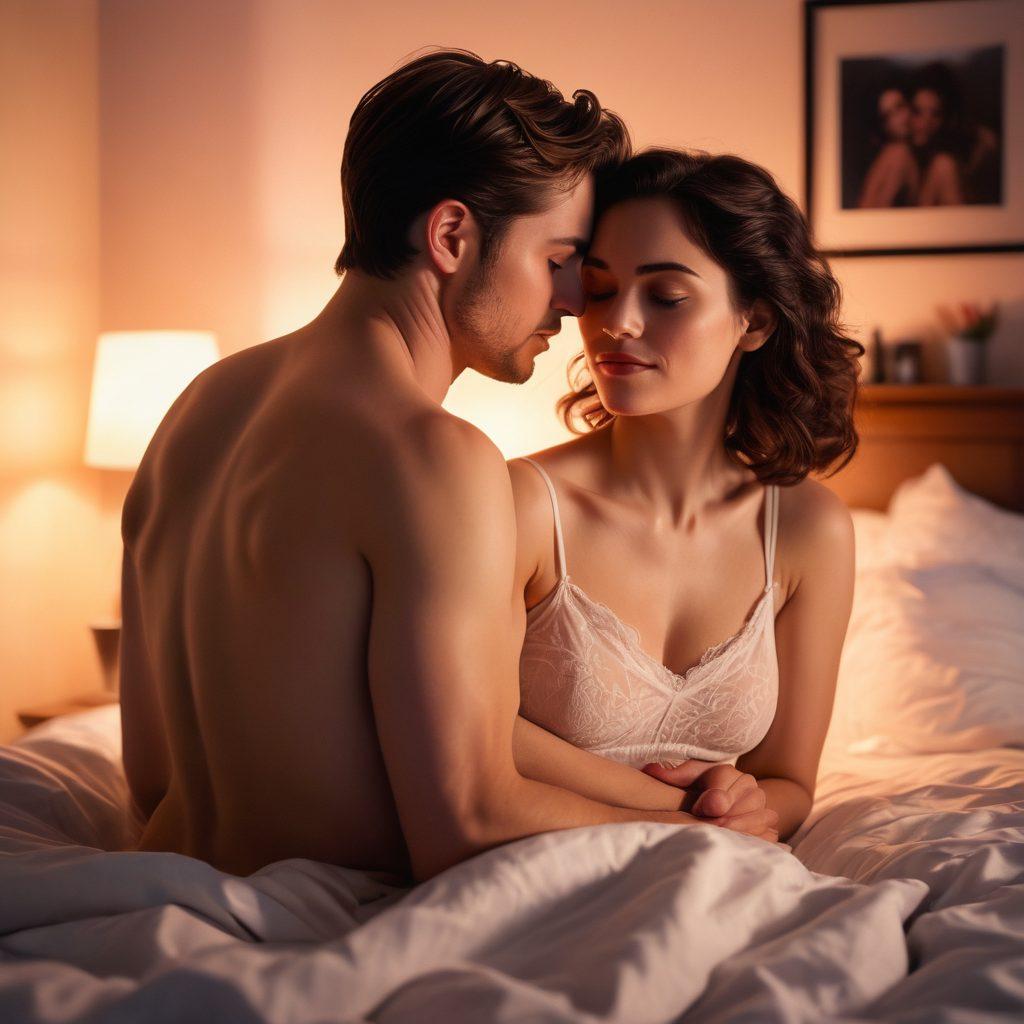 A soft, intimate scene featuring a diverse couple embracing tenderly in a cozy bedroom setting, warm lighting casting gentle shadows, illustrating a deep connection. Include subtle hints of film reels or projectors in the background to symbolize the adult film aspect, while creating a mood of comfort and acceptance. Use soft pastel colors to evoke feelings of warmth and safety. vibrant colors. super-realistic.